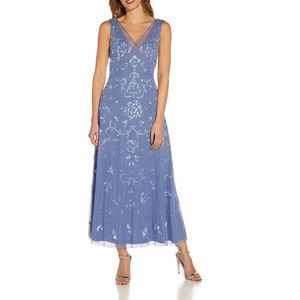 Adrianna Papell Women's Sequined Mesh Trim V-Neck Tea Length Evening Dress NWT